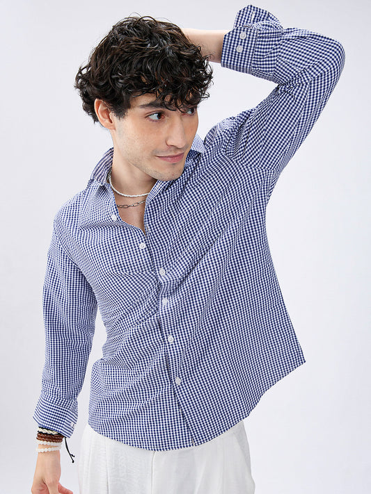 Timeless Navy Gingham Checked Seersucker Shirt