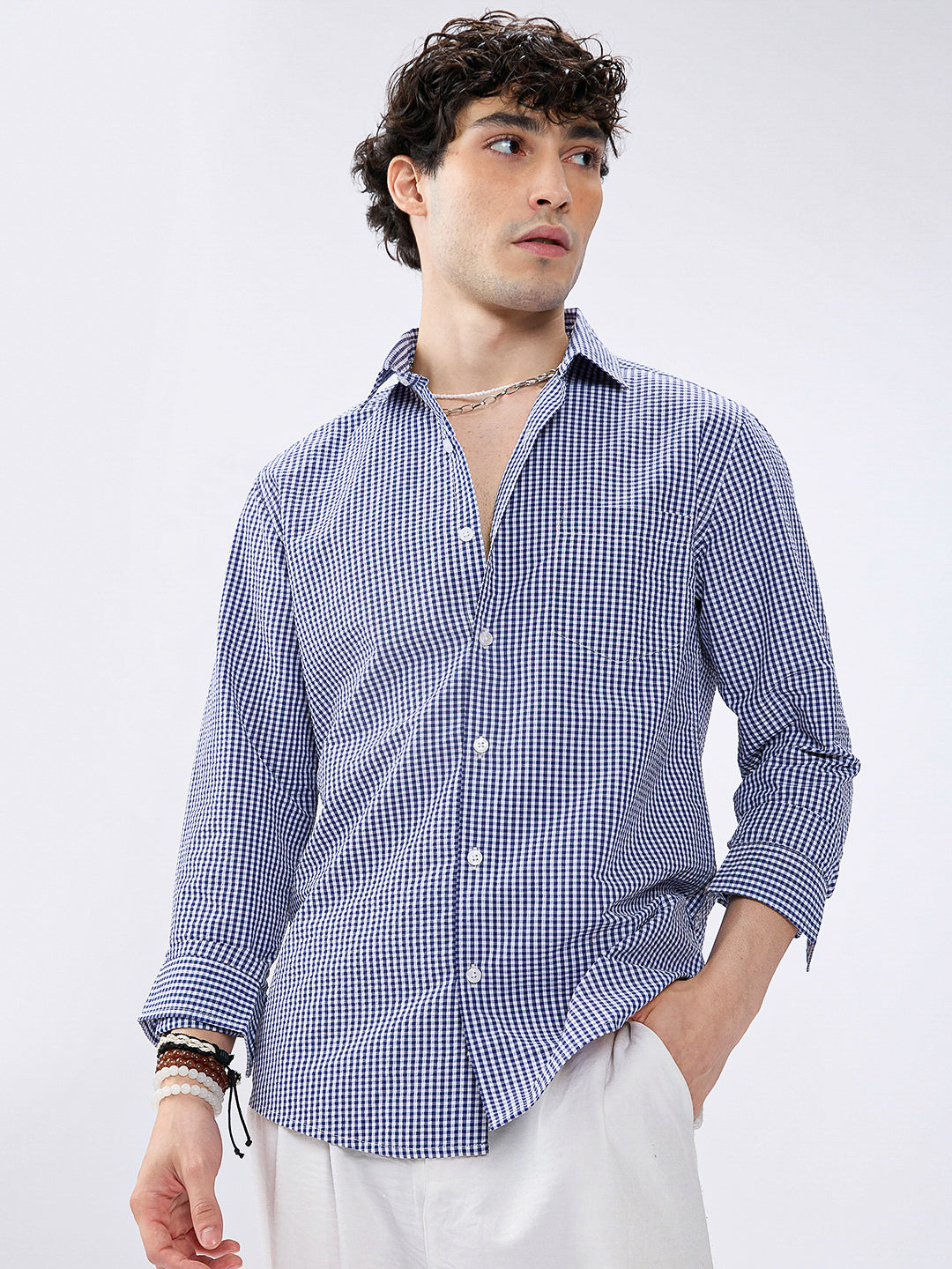 Timeless Navy Gingham Checked Seersucker Shirt