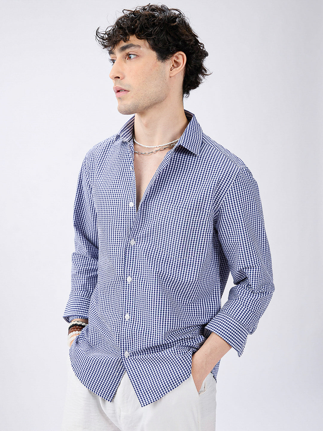 Timeless Navy Gingham Checked Seersucker Shirt