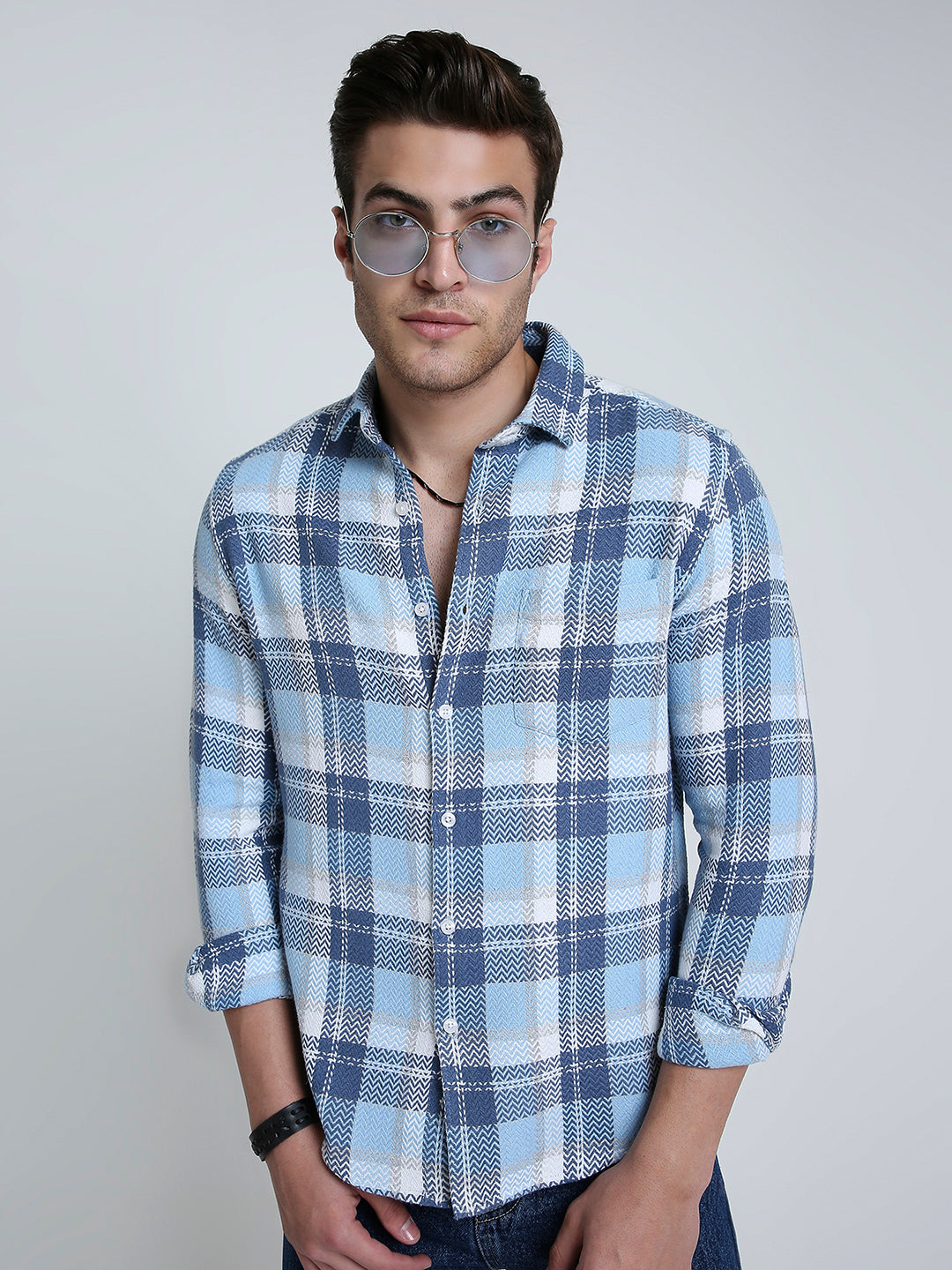 Icy Grid Winter Weave Zig-Zag Plaid Shirt