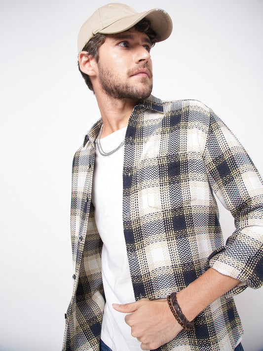 Off-White & Black Chevron Echo Tweed Checks Shirt