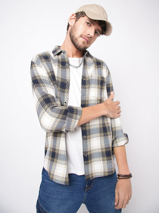 Off-White & Black Chevron Echo Tweed Checks Shirt