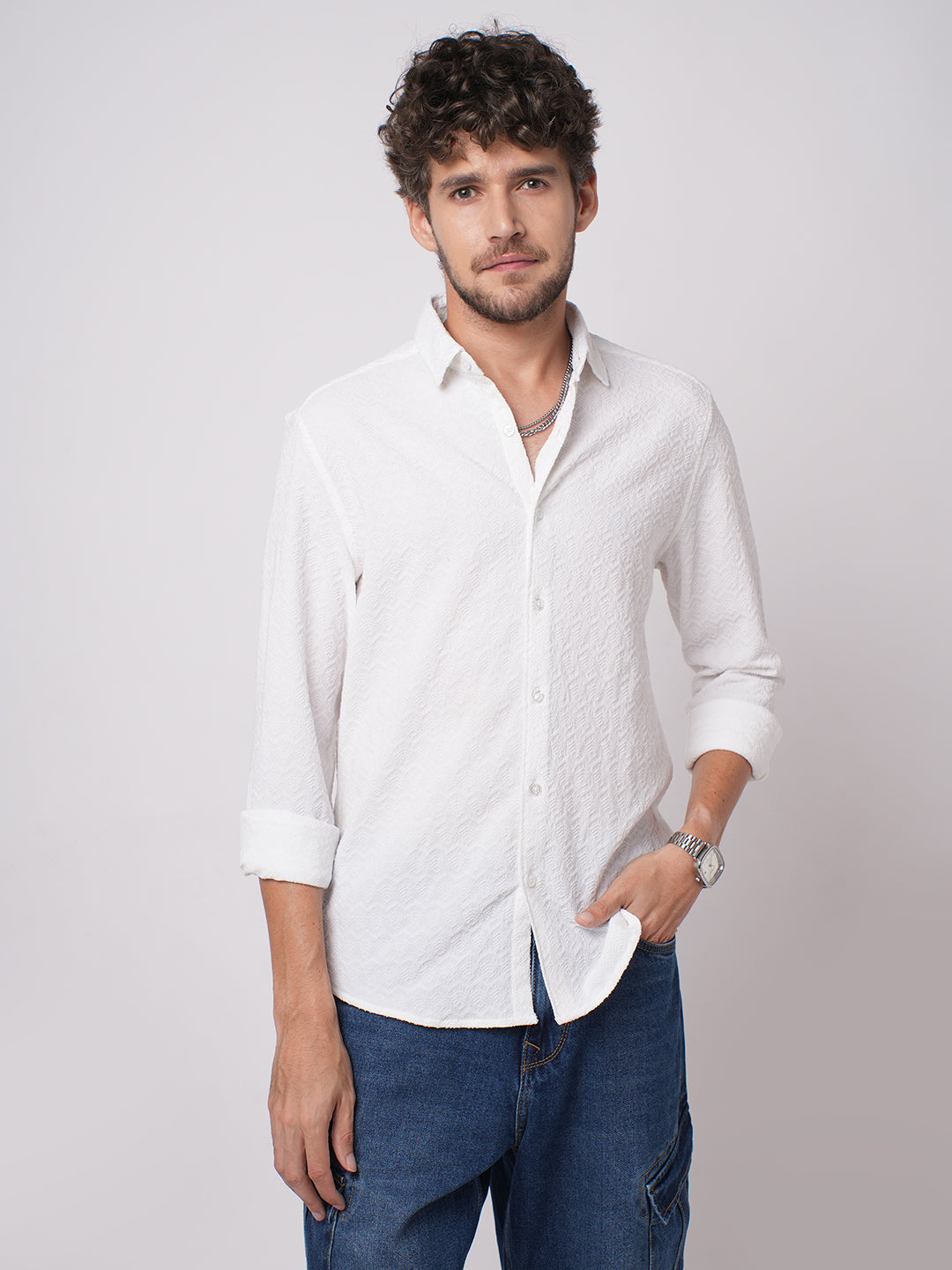 Snow White Cloud Grain Textured Shirt