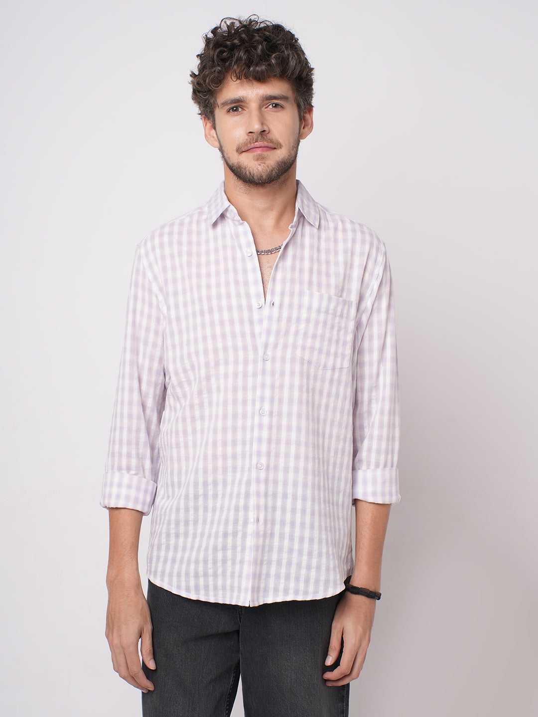 Soft Lilac Shadow Checks Seersucker Everyday Shirt