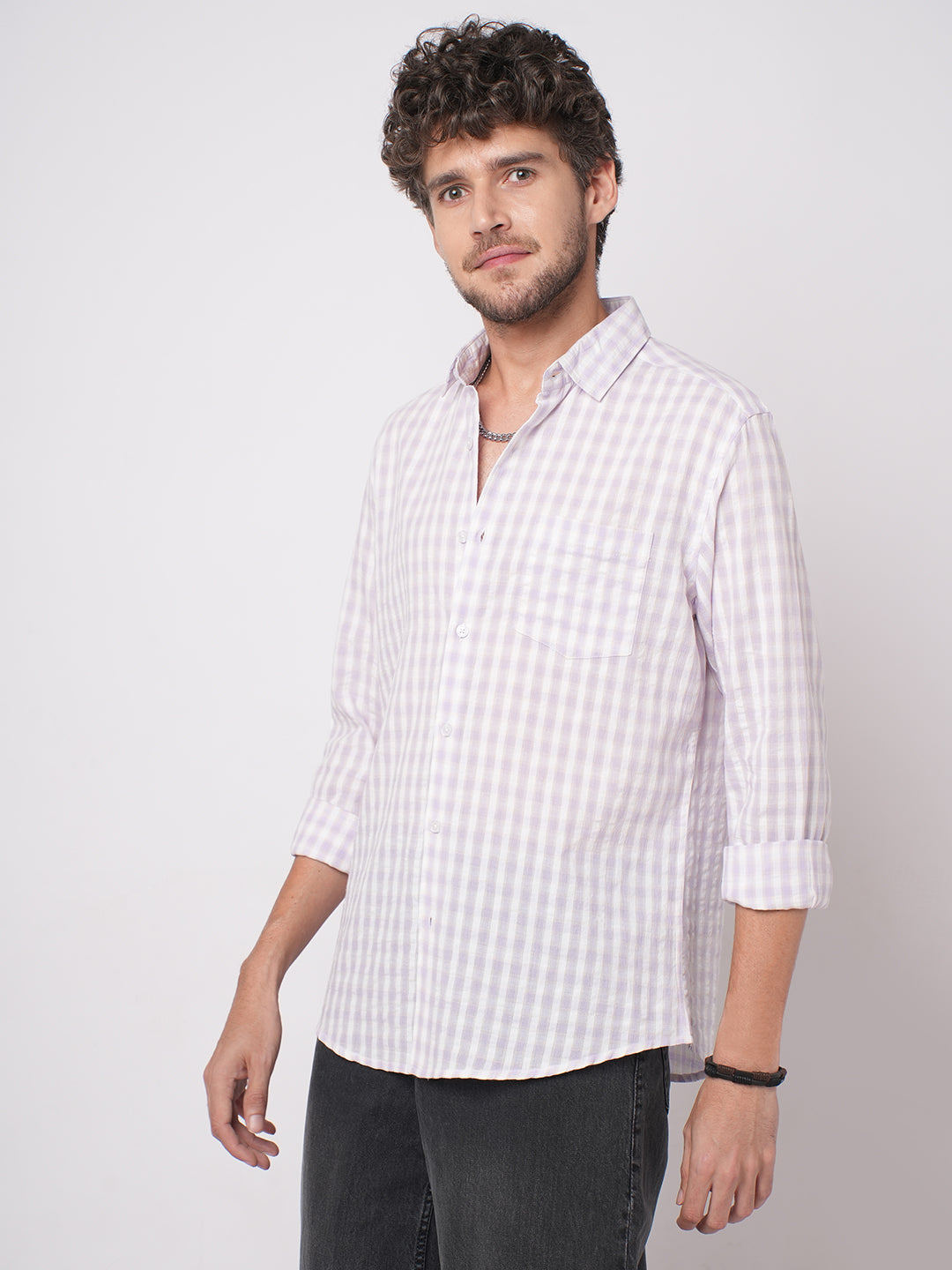 Soft Lilac Shadow Checks Seersucker Everyday Shirt