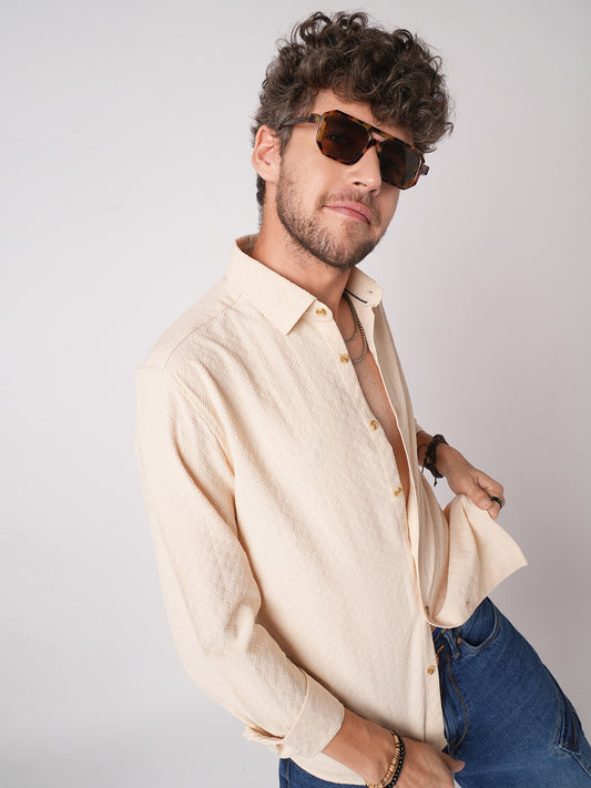 Oyster Cream Geometric Textured Shirt