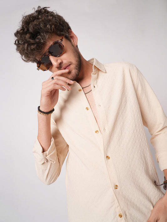 Oyster Cream Geometric Textured Shirt