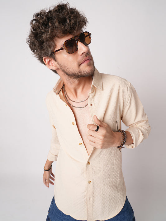 Oyster Cream Geometric Textured Shirt
