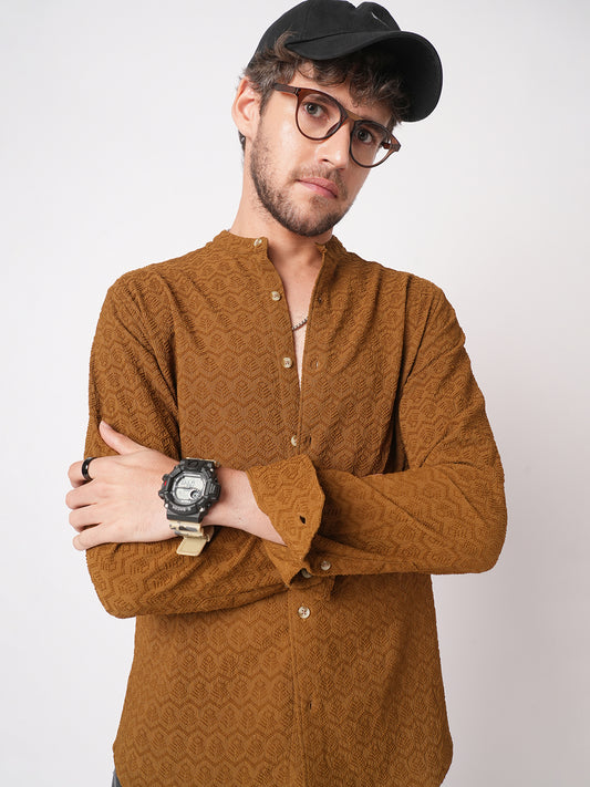 Sepia Brown Textured Mandarin Shirt
