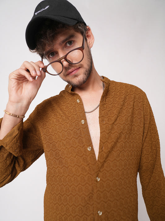 Sepia Brown Textured Mandarin Shirt
