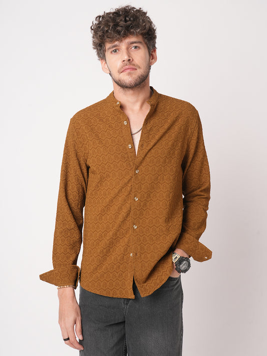 Sepia Brown Textured Mandarin Shirt