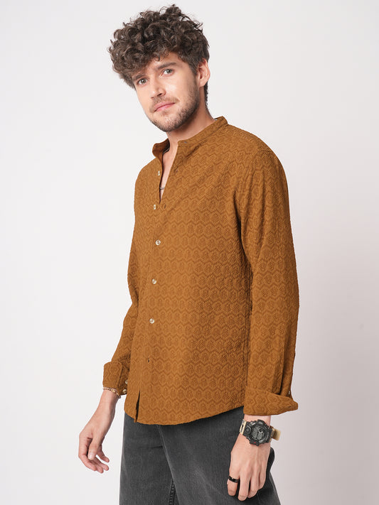 Sepia Brown Textured Mandarin Shirt