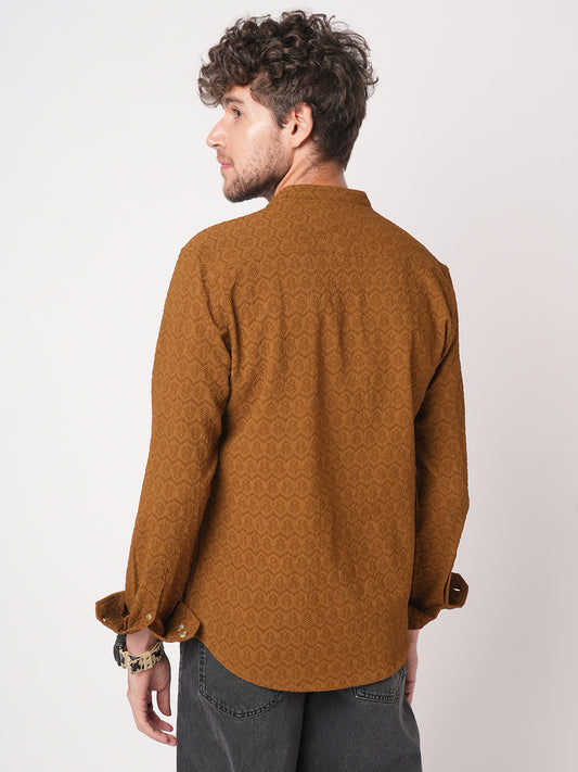 Sepia Brown Textured Mandarin Shirt