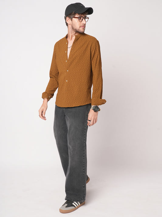 Sepia Brown Textured Mandarin Shirt