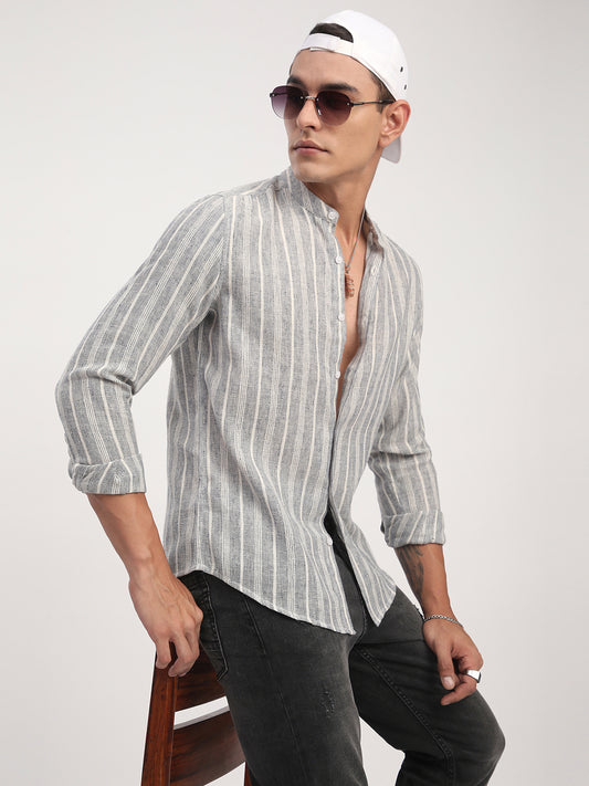 Grey Cloud Striped Mandarin Shirt