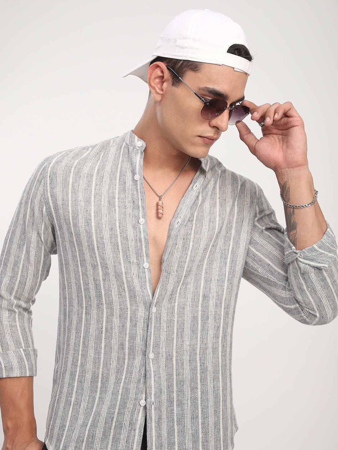 Grey Cloud Striped Mandarin Shirt