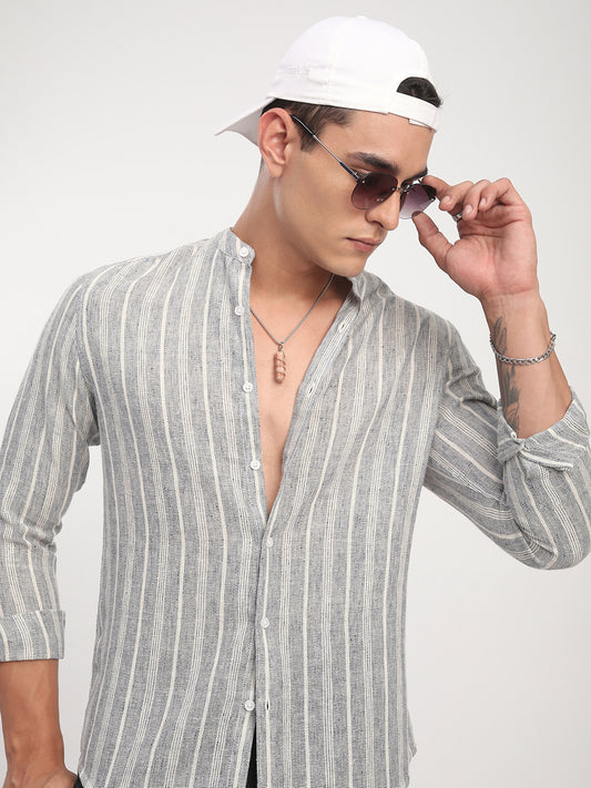 Grey Cloud Striped Mandarin Shirt