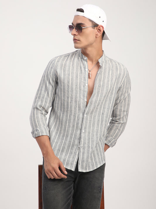 Grey Cloud Striped Mandarin Shirt
