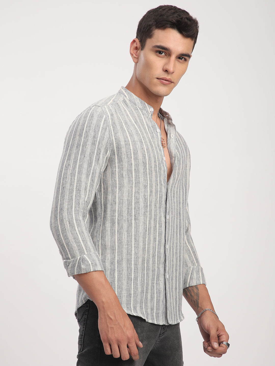 Grey Cloud Striped Mandarin Shirt