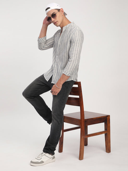 Grey Cloud Striped Mandarin Shirt