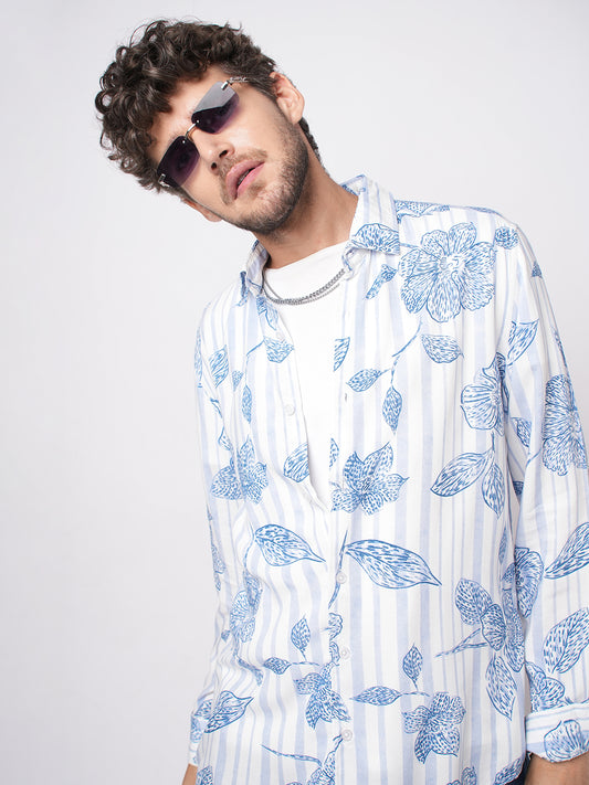 White & Blue Striped Floral Printed Shirt