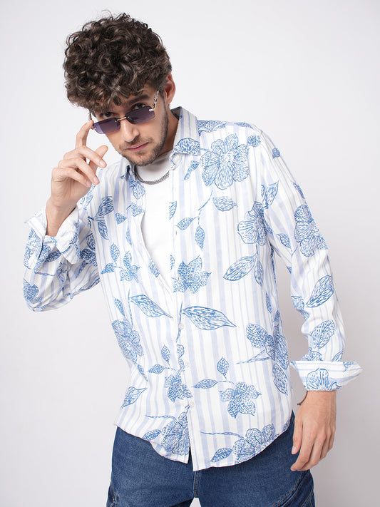White & Blue Striped Floral Printed Shirt