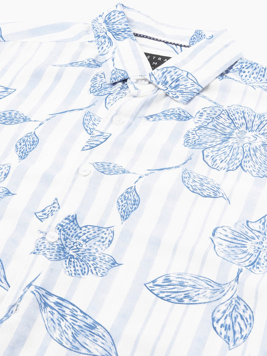 White & Blue Striped Floral Printed Shirt