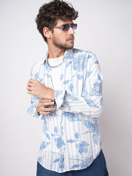 White & Blue Striped Floral Printed Shirt