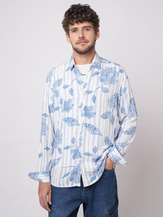 White & Blue Striped Floral Printed Shirt