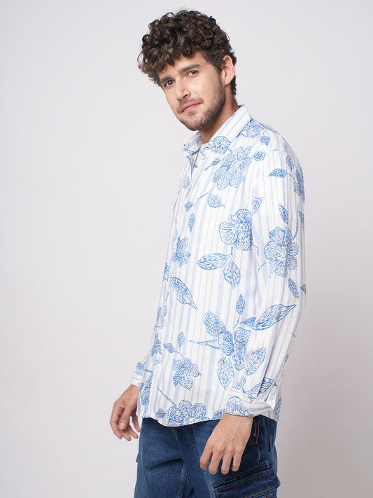 White & Blue Striped Floral Printed Shirt