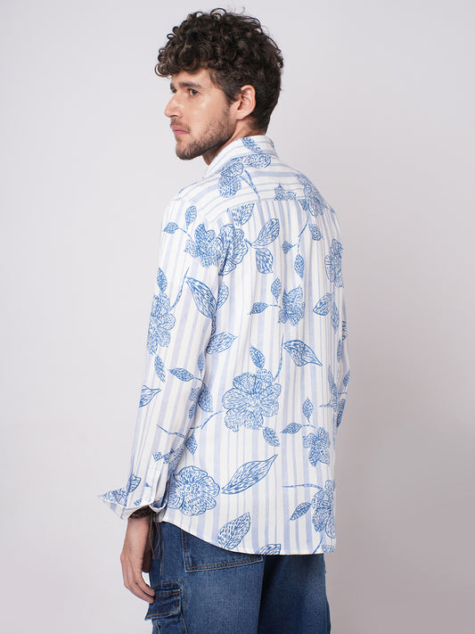 White & Blue Striped Floral Printed Shirt