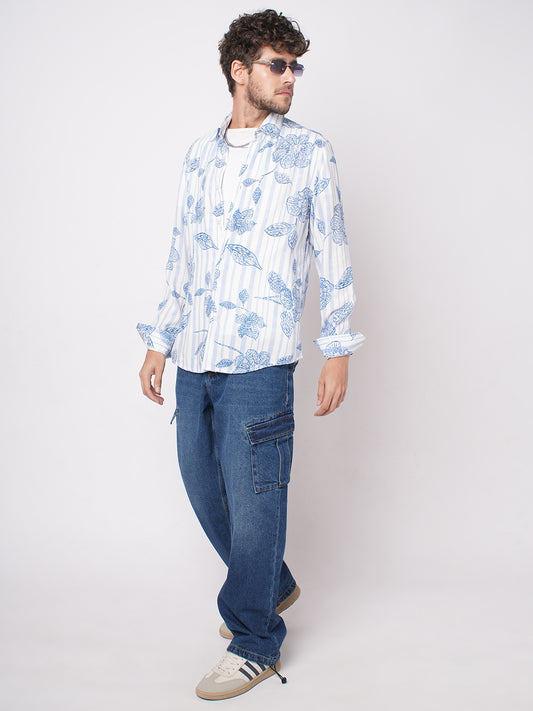 White & Blue Striped Floral Printed Shirt