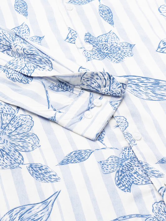 White & Blue Striped Floral Printed Shirt
