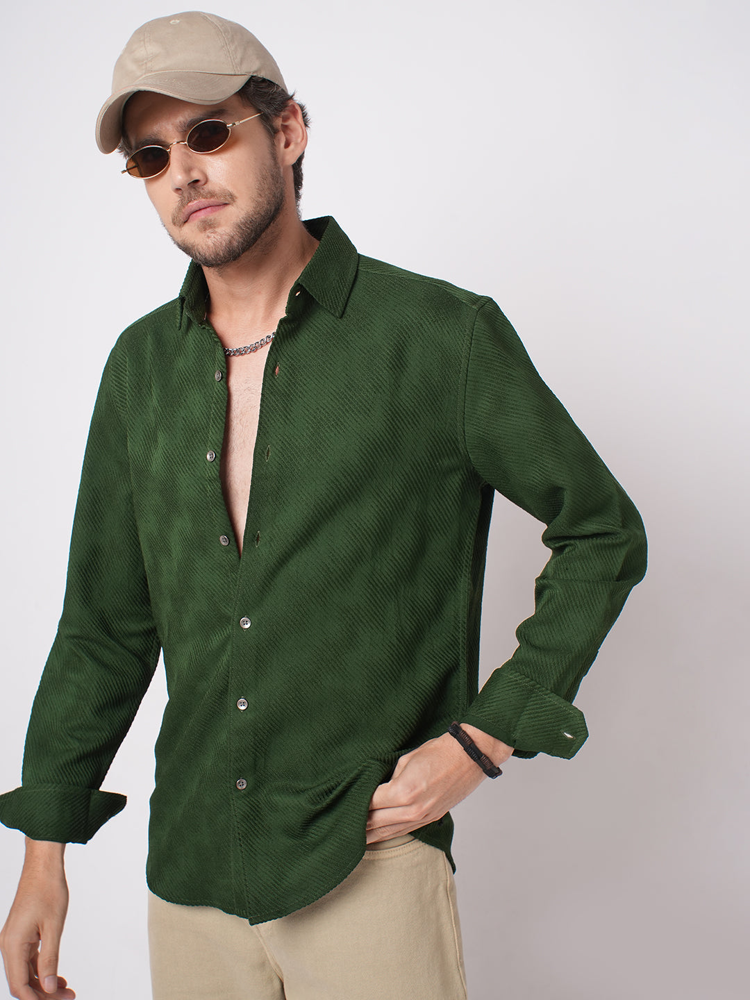 Forest Green Diagonal Striped Jacquard Textured Shirt