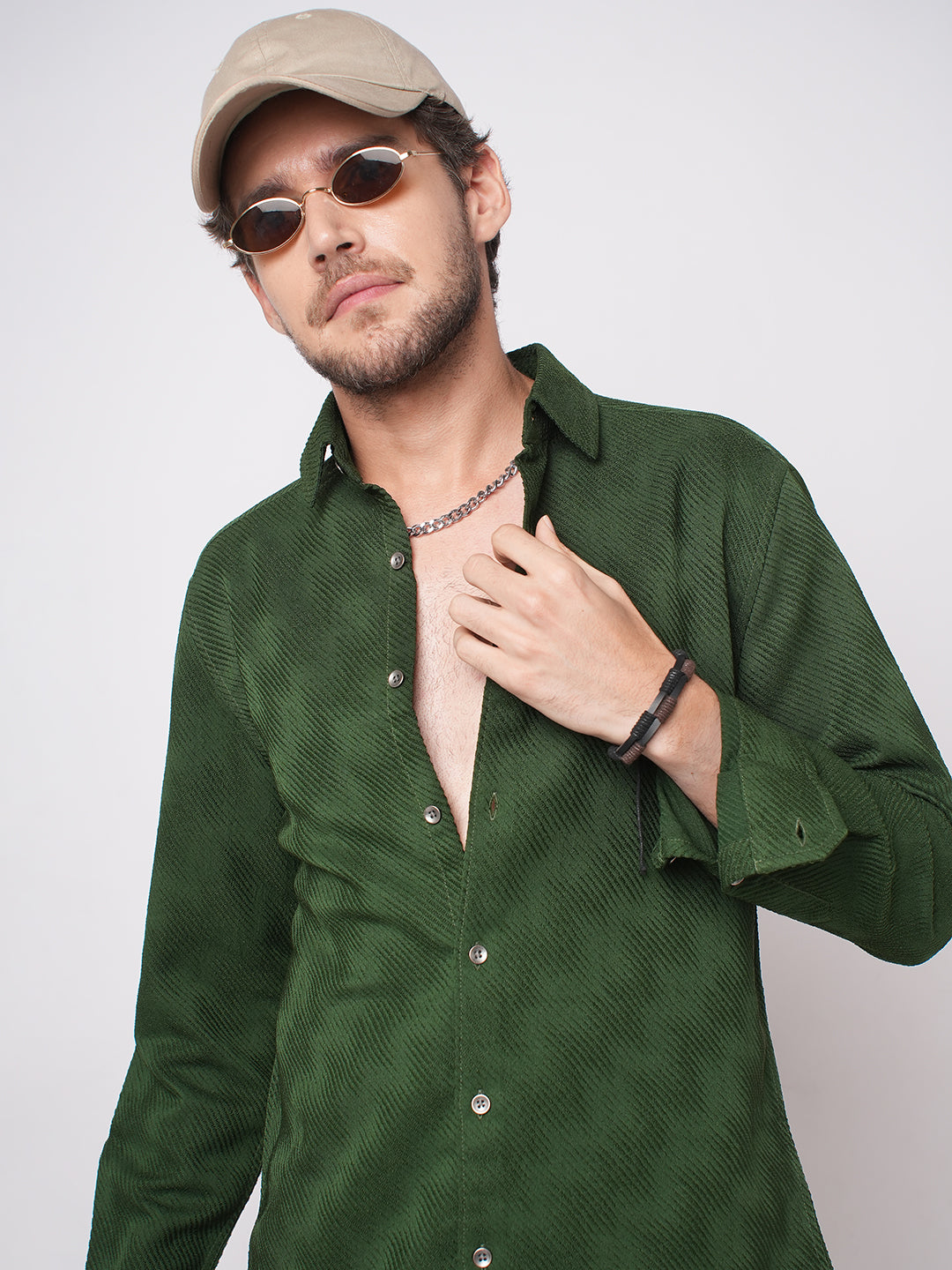 Forest Green Diagonal Striped Jacquard Textured Shirt
