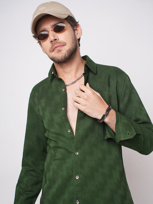 Forest Green Diagonal Striped Jacquard Textured Shirt