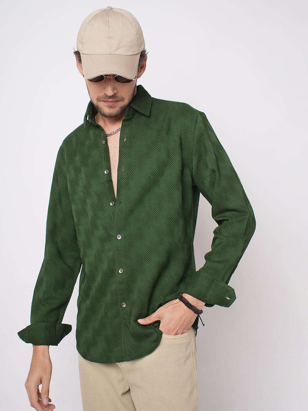 Forest Green Diagonal Striped Jacquard Textured Shirt
