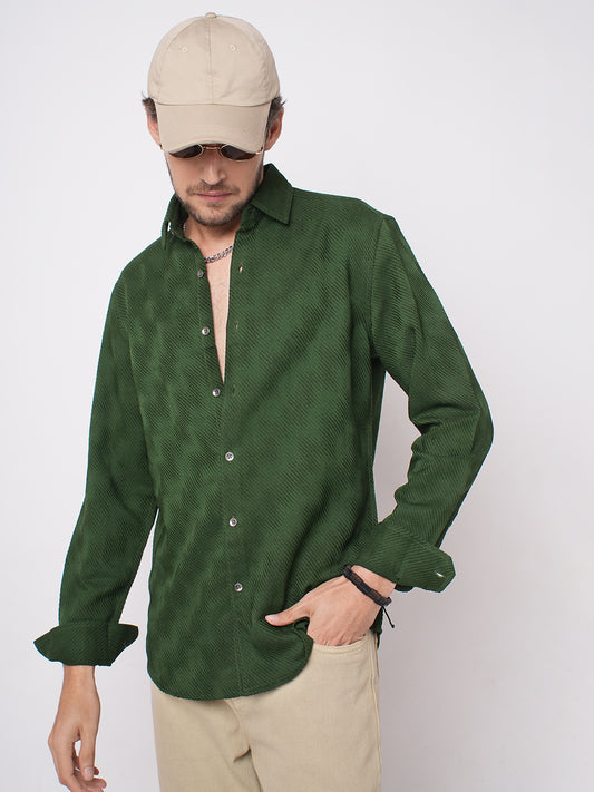 Forest Green Diagonal Striped Jacquard Textured Shirt