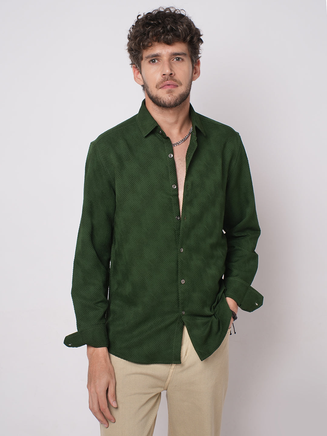 Forest Green Diagonal Striped Jacquard Textured Shirt