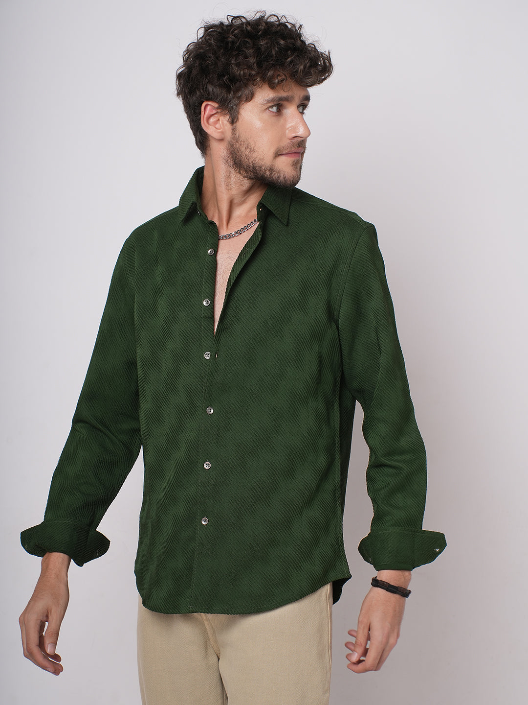 Forest Green Diagonal Striped Jacquard Textured Shirt