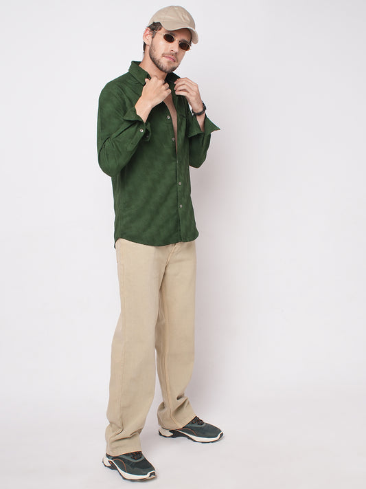 Forest Green Diagonal Striped Jacquard Textured Shirt