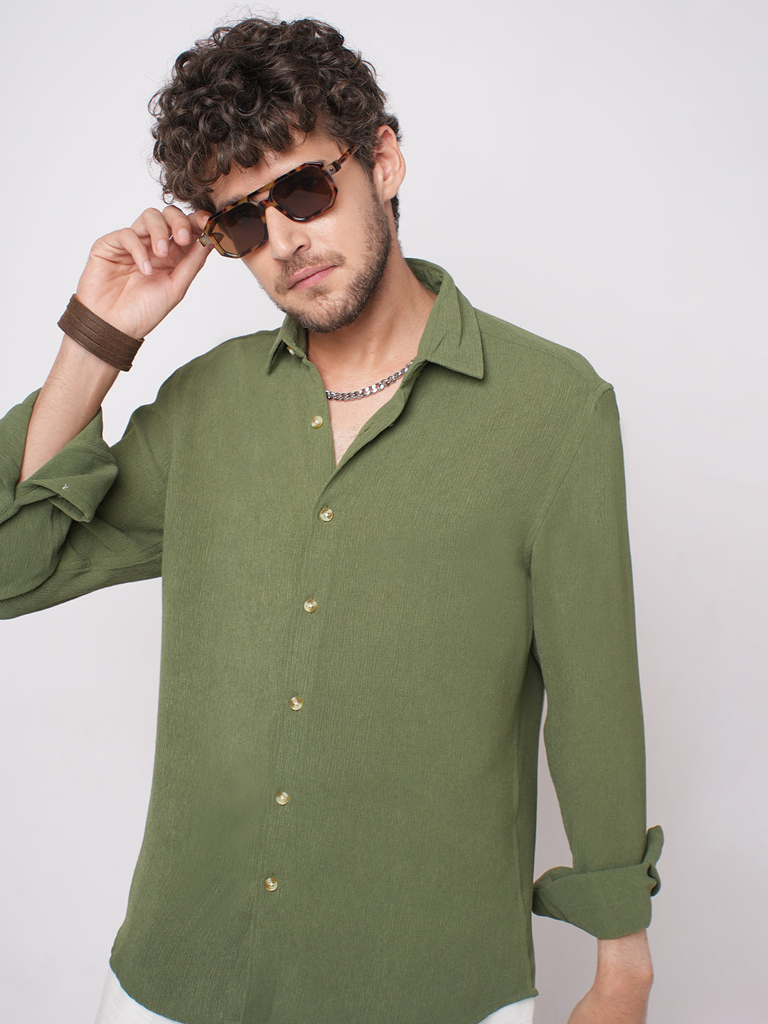 Crushed Olive Textured Crepe Shirt