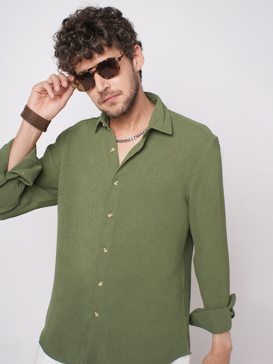 Crushed Olive Textured Crepe Shirt