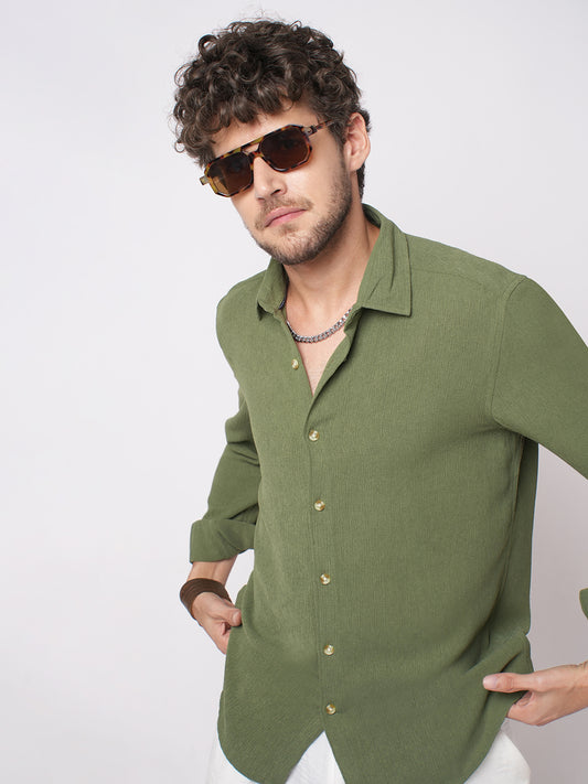 Crushed Olive Textured Crepe Shirt
