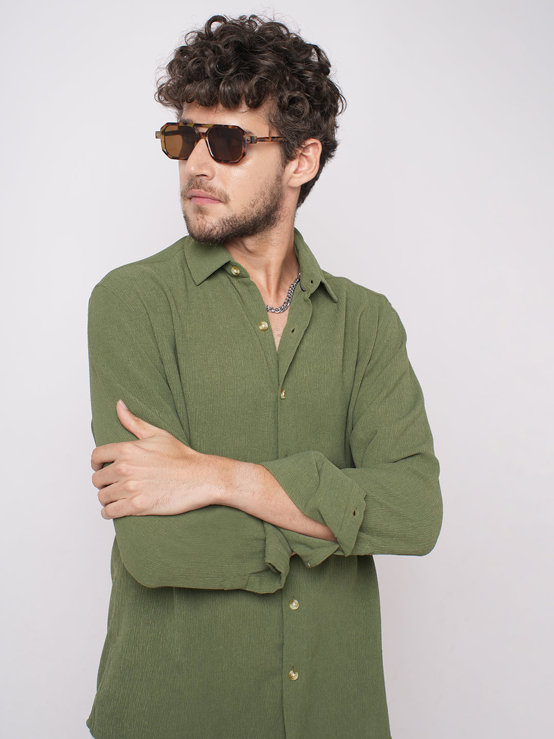 Crushed Olive Textured Crepe Shirt