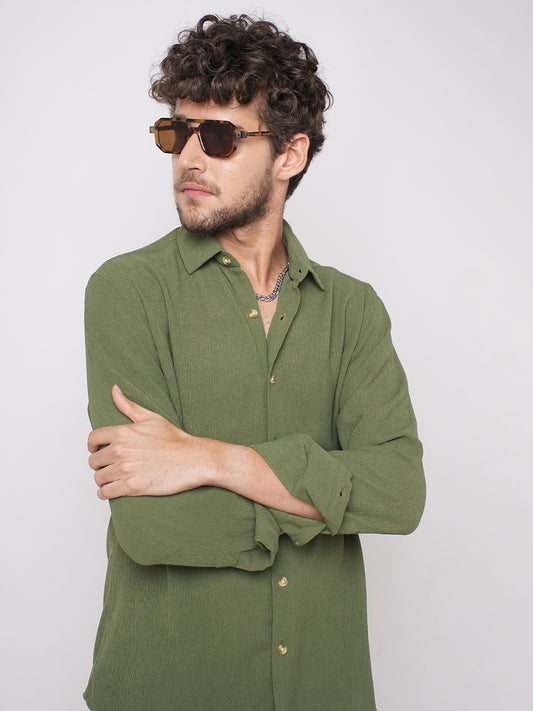 Crushed Olive Textured Crepe Shirt