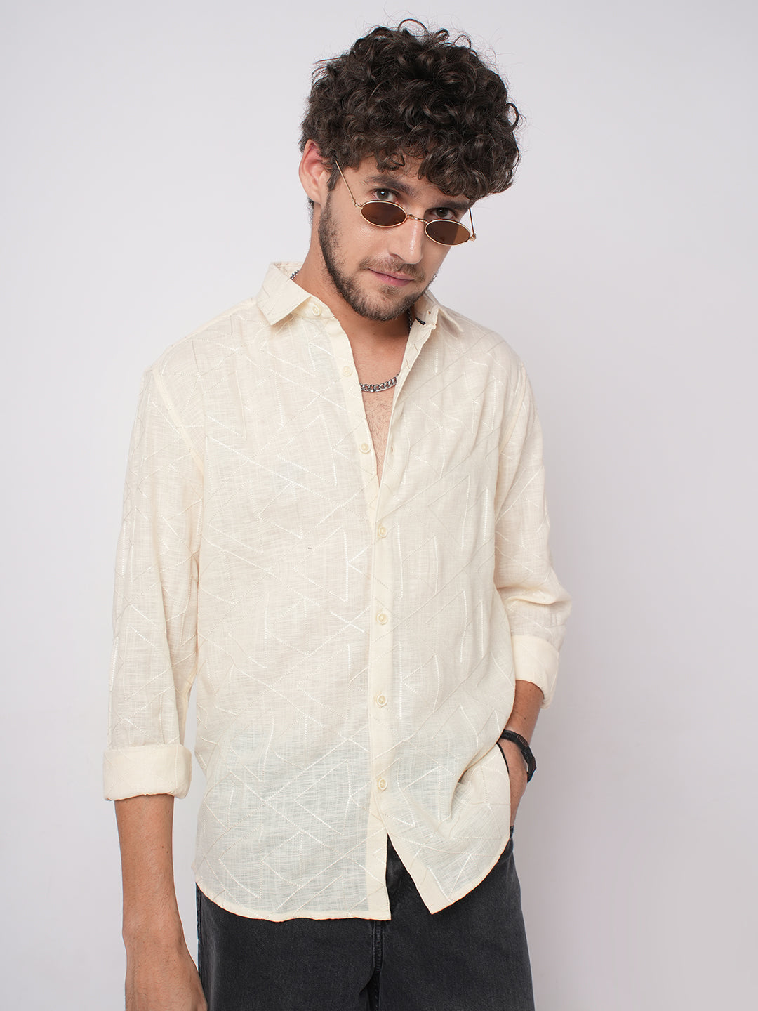 Canvas Cream Latticework Embroidery Shirt