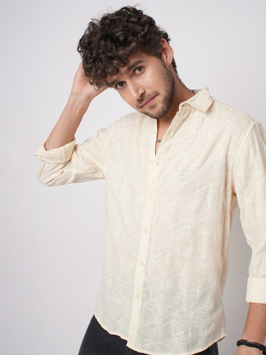 Canvas Cream Latticework Embroidery Shirt