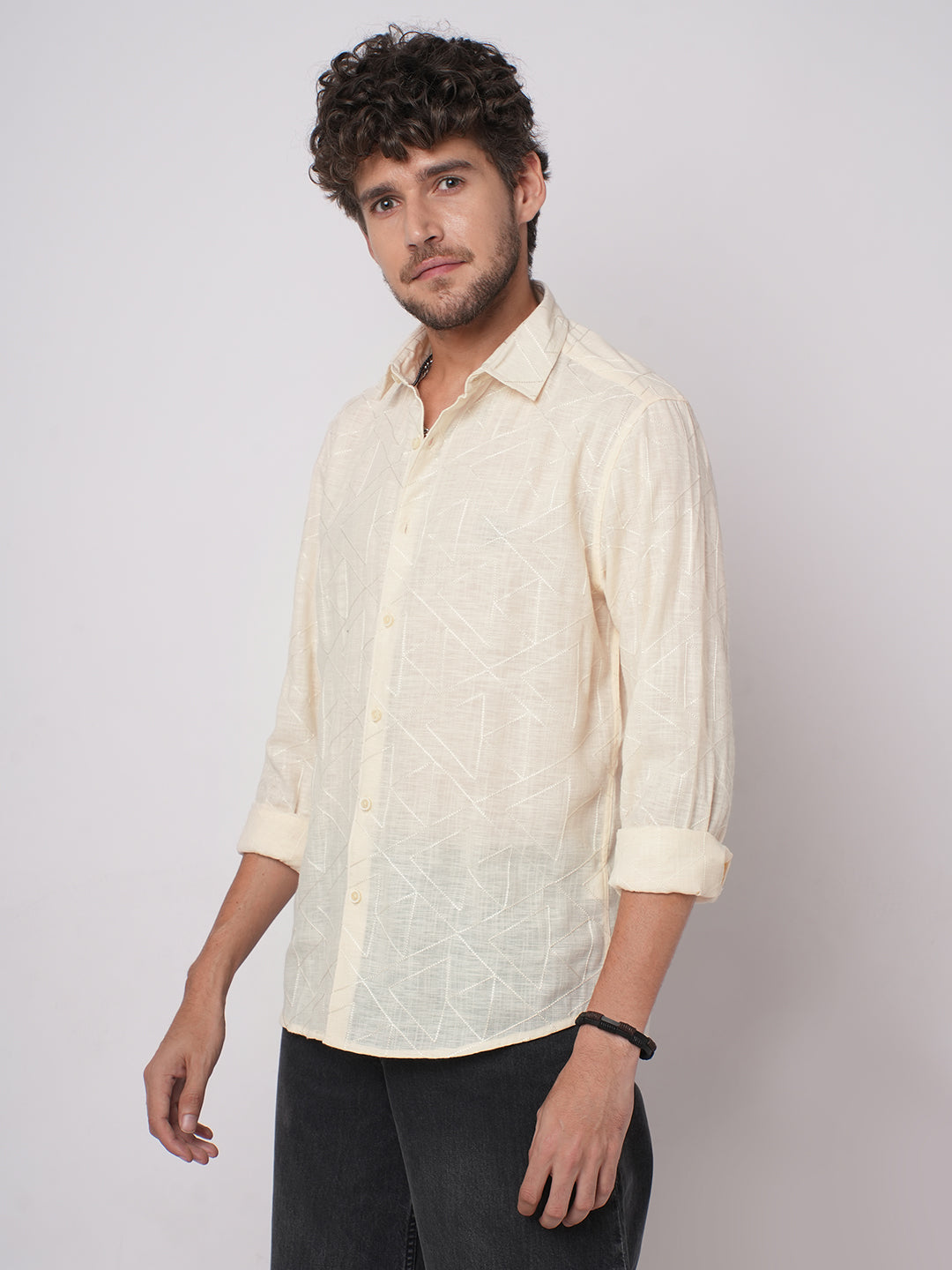 Canvas Cream Latticework Embroidery Shirt