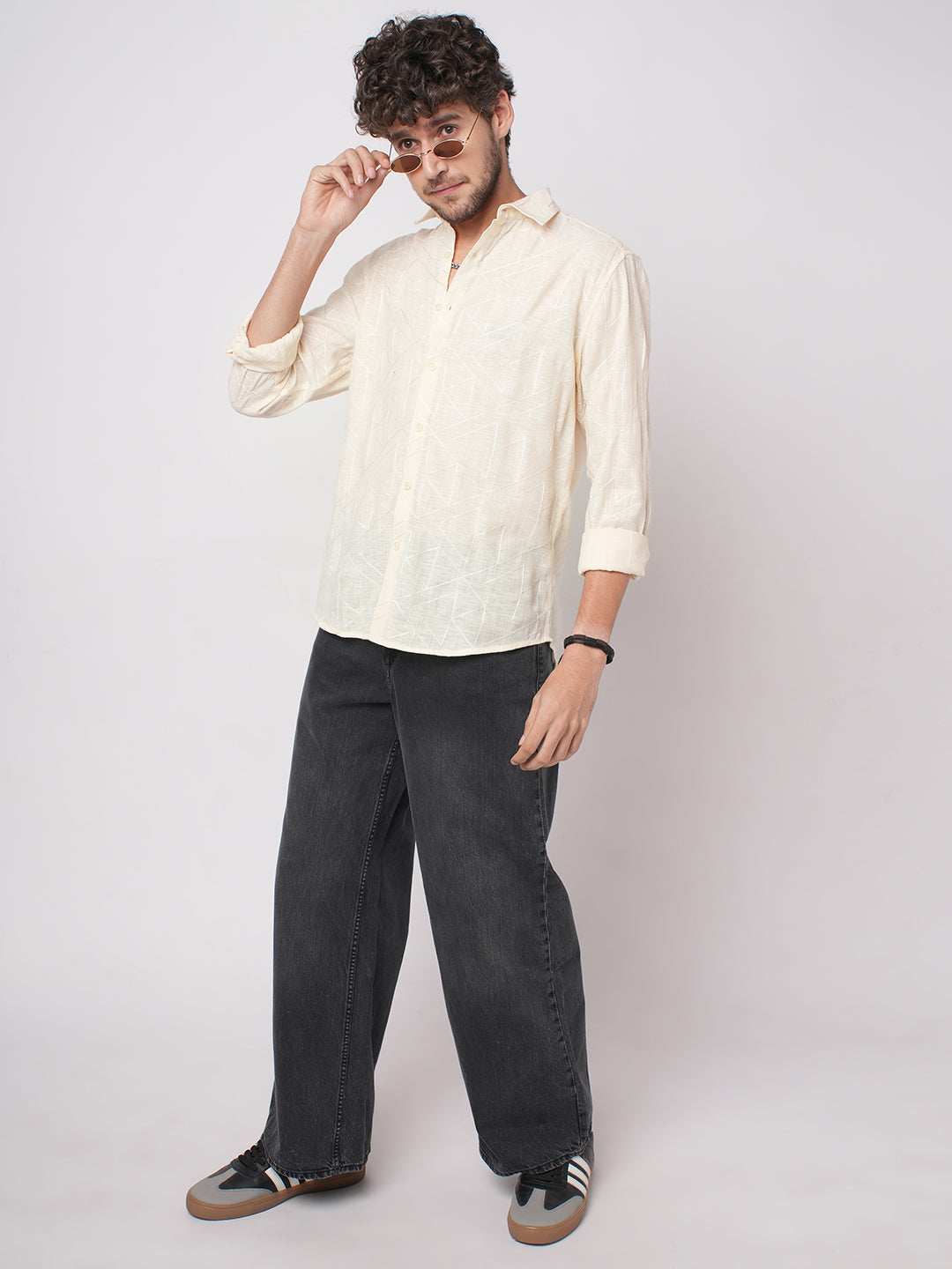 Canvas Cream Latticework Embroidery Shirt